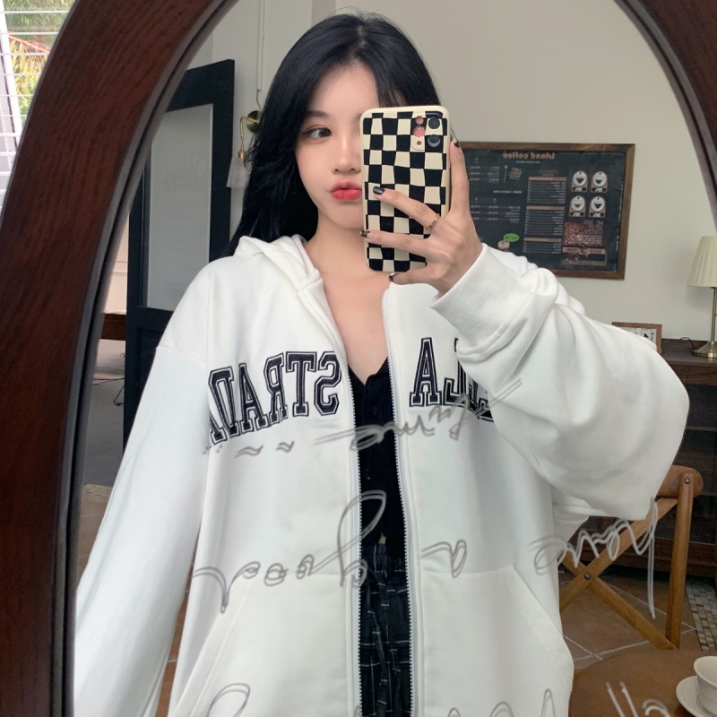 SUXI Áo Hoodie Dáng Rộng Dây Khóa Kéo Thêu Họa Tiết Phong Cách Hàn Quốc Dành Cho Bạn Nữ