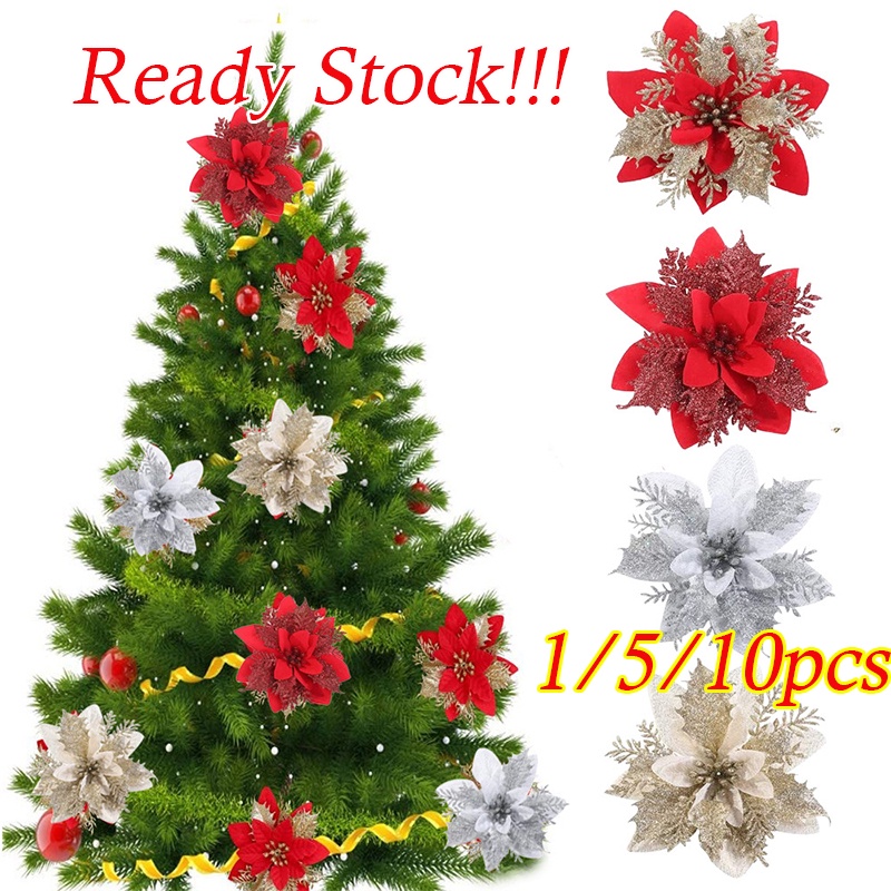 10pcs Hoa vải trạng nguyên to 14cm phủ nhũ, kim tuyến trang trí oản tài lộc, giáng sinh noel, vòng nguyệt quế