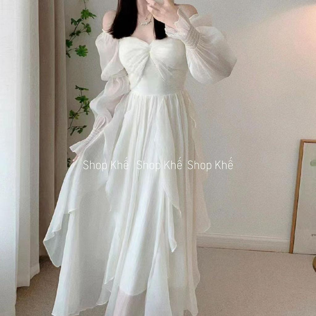Đầm maxi voan trắng tay dài, đính đá quý phái, sang trọng, thích hợp đi tiệc, đi chơi biển
