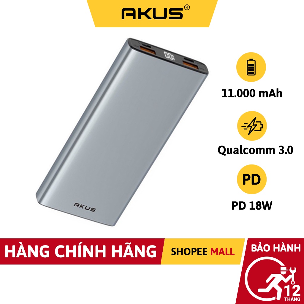 Sạc Dự Phòng 11000 mAh Sạc Nhanh PD 18W, Quick Charge 3.0 Akus - A11 Pro Hàng chính hãng - Bảo hành 12 tháng - Akus