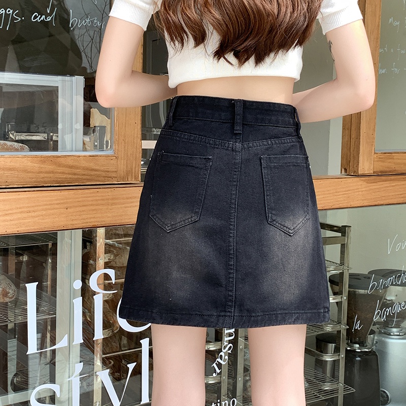 Chân váy jean Chữ a Lưng Cao Màu Xám Đen Phong Cách retro Thời Trang Hàn Quốc Cho Nữ