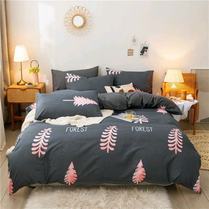 Bộ chăn ga gối drap giường chất cotton poly họa tiết lá thông FOREST