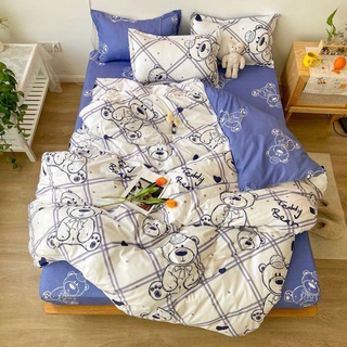 Full Set Bộ Drap giường Cotton Chần Bông Gấu Kẻ Phối ((1mx2m - m8x2m))