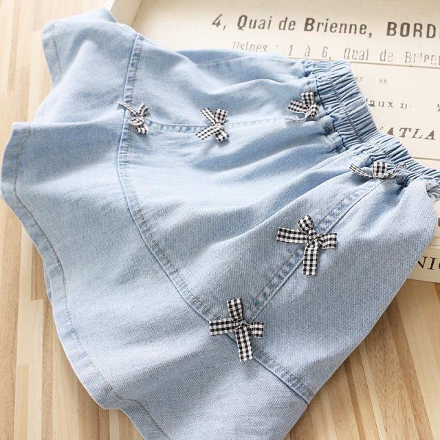 Chân Váy Denim Dáng Chữ a Lưng Cao Màu Trơn Đính Nơ Phong Cách Phương Tây Mới Cho Bé Gái