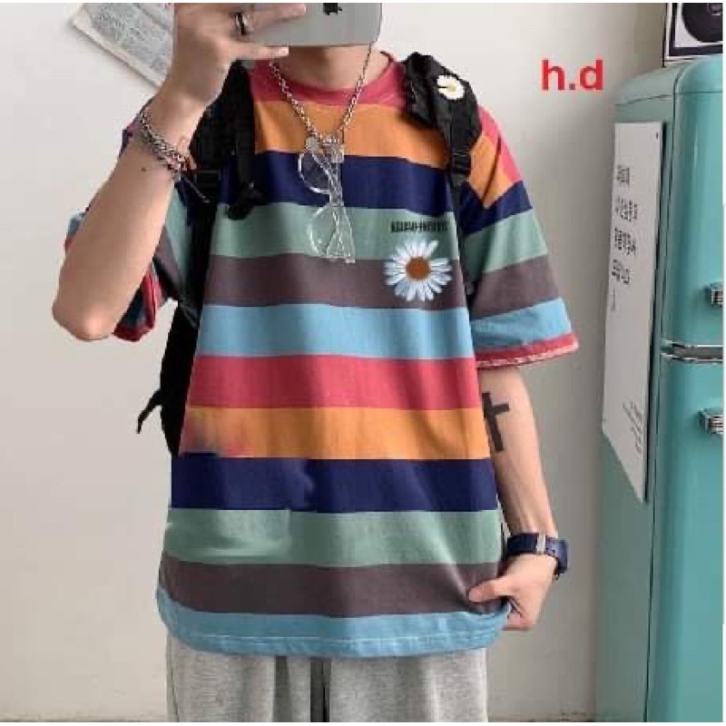 áo thun sọc ngang nhiều màu dáng rộng tay lỡ cho nam nữ unisex Hđ46