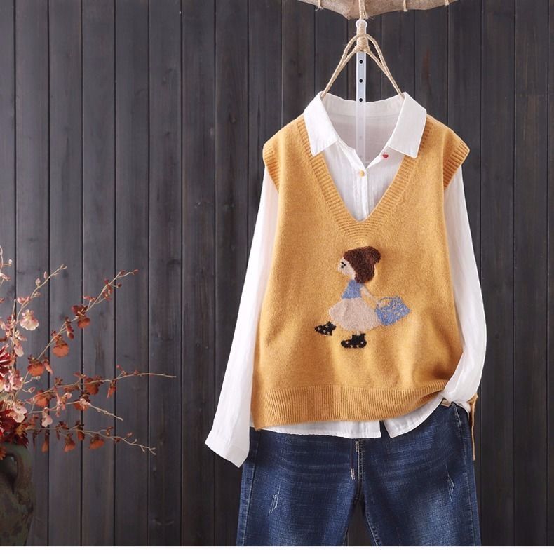 Áo dệt kim sát nách cổ V thêu họa tiết xinh xắn kiểu Hàn Quốc thời trang độc đáo cho nữ