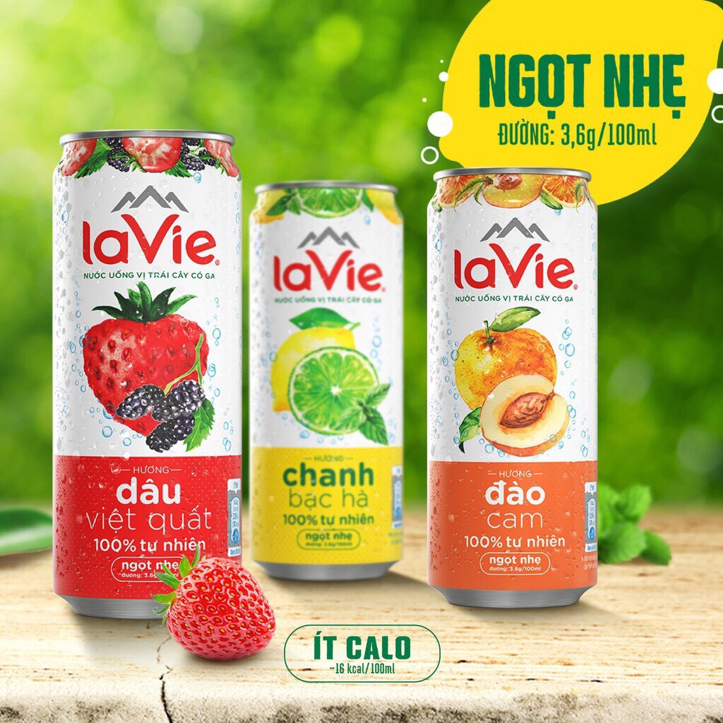 Combo 6 Lon Nước giải khát có gas LaVie Sparkling hương Chanh bạc hà / Dưa Hấu kiwi/ Bưởi Mơ/Chanh muối 330ml