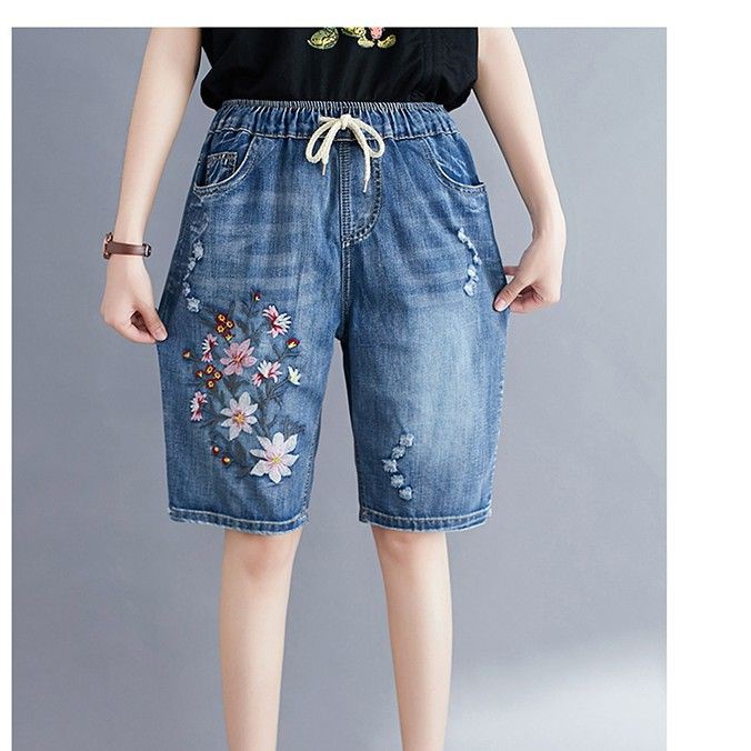 Quần jeans big size quần lửng bigsize lưng thun thêu hoa - Có ảnh thật
