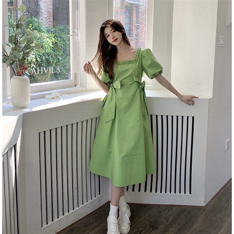 Đầm Tay Ngắn Cổ Vuông Dáng Rộng Thắt Nơ Phong Cách Hàn Quốc Thời Trang Cho Nữ