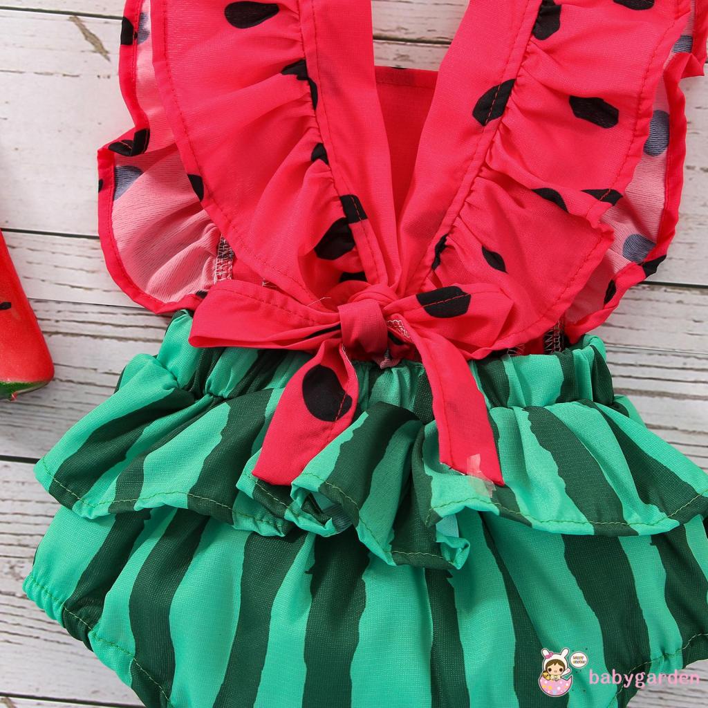 Bộ Áo Liền Quần Tay Cánh Tiên In Họa Tiết Dưa Hấu Kèm Băng Đô Xinh Xắn Cho Bé Gái 0-2 Tuổi