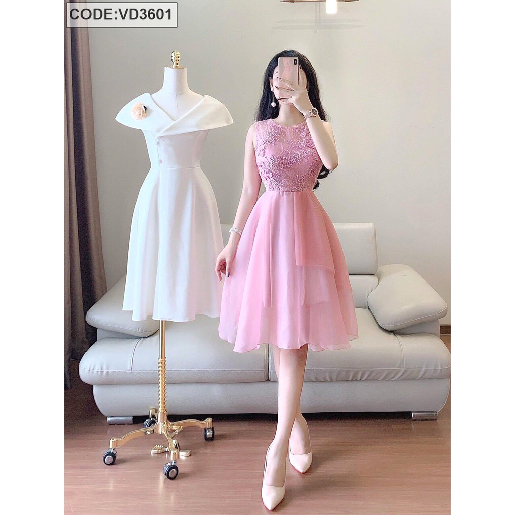 ( ĐỒ NỮ ĐẸP ) ĐẦM HỒNG REN THÊU TÙNG VÁY XÒE