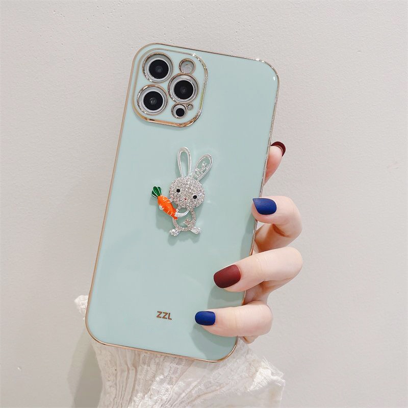 Ốp Điện Thoại TPU Dẻo Viền Vuông Kim Cương In Hình Thỏ Hoạt Hình Cho iPhone 13 12 11 Pro Max iPhone X XR XS Max 7 8 6 6s Plus