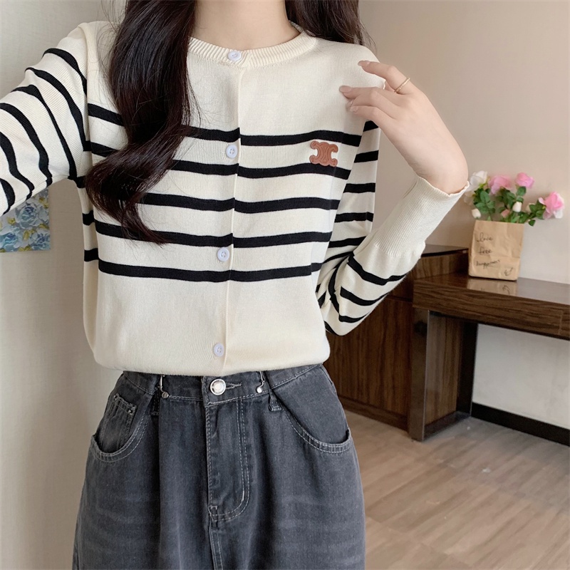 Áo cardigan dệt kim SUXI tay dài dáng rộng cổ tròn họa tiết kẻ sọc phong cách vintage Hàn Quốc