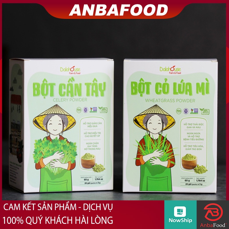 Combo Bột cỏ lúa mì, Bột cần tây sấy lạnh nguyên chất Dalahouse (Hộp 20 gói x 3g) - Bột rau củ sấy lạnh