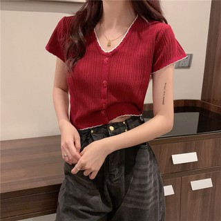 [FreeShip - Hàng Sẵn] Áo croptop nữ tay ngắn cổ chữ V thanh lịch, phong cách Hàn Quốc