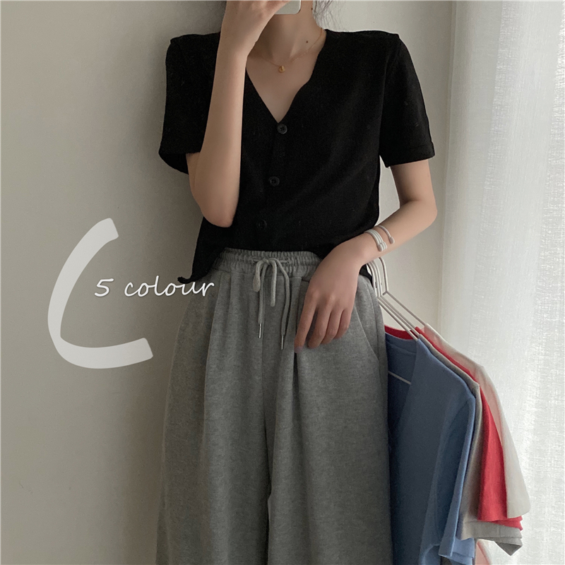 Áo Cardigan Dệt Kim Màu Trơn Dáng Rộng Tay Ngắn Cổ Chữ V Có 5 Màu Cho Nữ