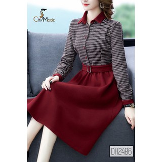 [BIG SALE] Đầm Xòe Caro Dài Tay Phối Chân Đỏ DH2486