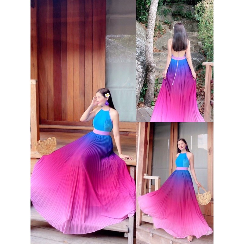 (miễn phí chỉnh váy) đầm maxi yếm dập li màu loang ombre cầu vồng nhiều màu đi biển du lịch chụp hình sống ảo | BigBuy360 - bigbuy360.vn