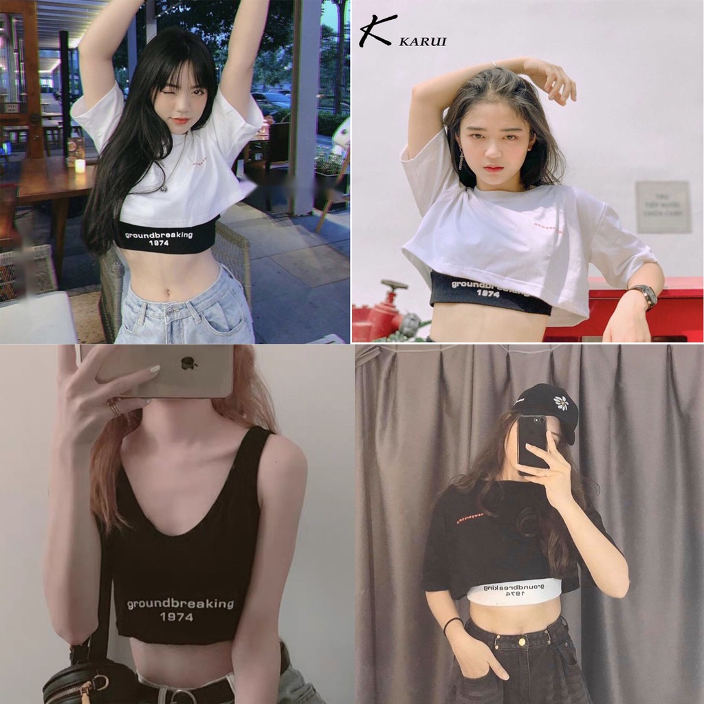 (Set 2 áo CROPTOP & BRA) Áo Thun Croptop GROUNDBREAKING 1974- áo phông Croptop-AT003