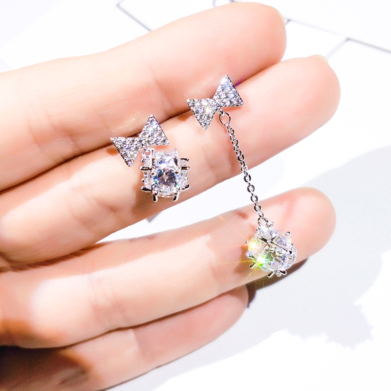 [Jiudolan] Khuyên Tai Kẹp Nơ Bằng Bạc Zircon Tinh Tế