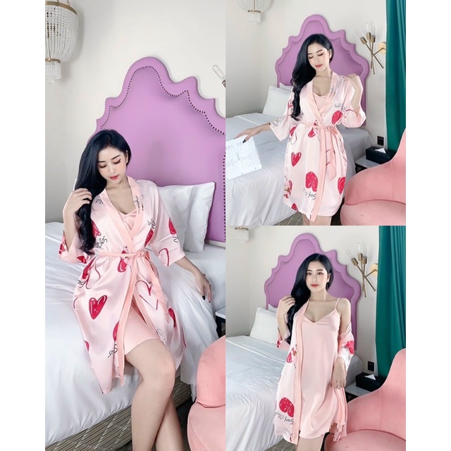 Set Đầm Ngủ 2 Món Gồm Váy 2 Dây và Áo Khoác Lụa Satin Cao Cấp Freesize