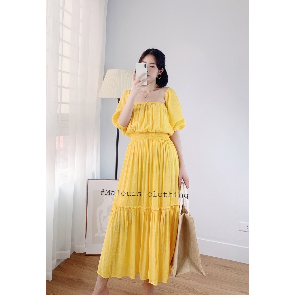 Đầm maxi cổ vuông màu xanh tay bồng chun eo dáng dài - V10