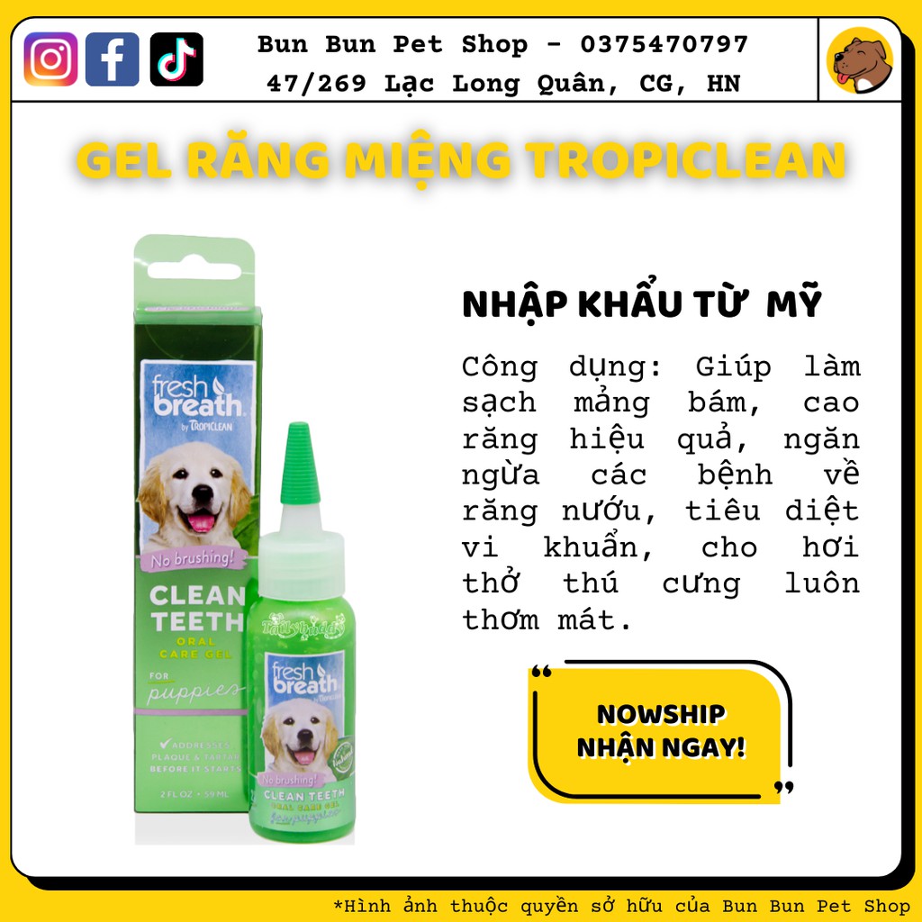 Gel vệ sinh răng miệng đánh bay mảng bám &amp; hôi miệng cho Chó - TropiClean Fresh Breath Clean Teeth Oral Care Gel