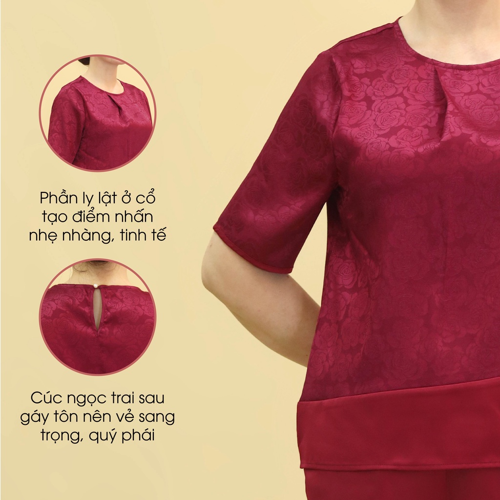 Đồ Bộ Trung Niên Nữ Lụa Gấm Cao Cấp ANCHI B26 Đỏ Đô, Set Đồ Mặc Nhà Quà Tặng Cho Mẹ