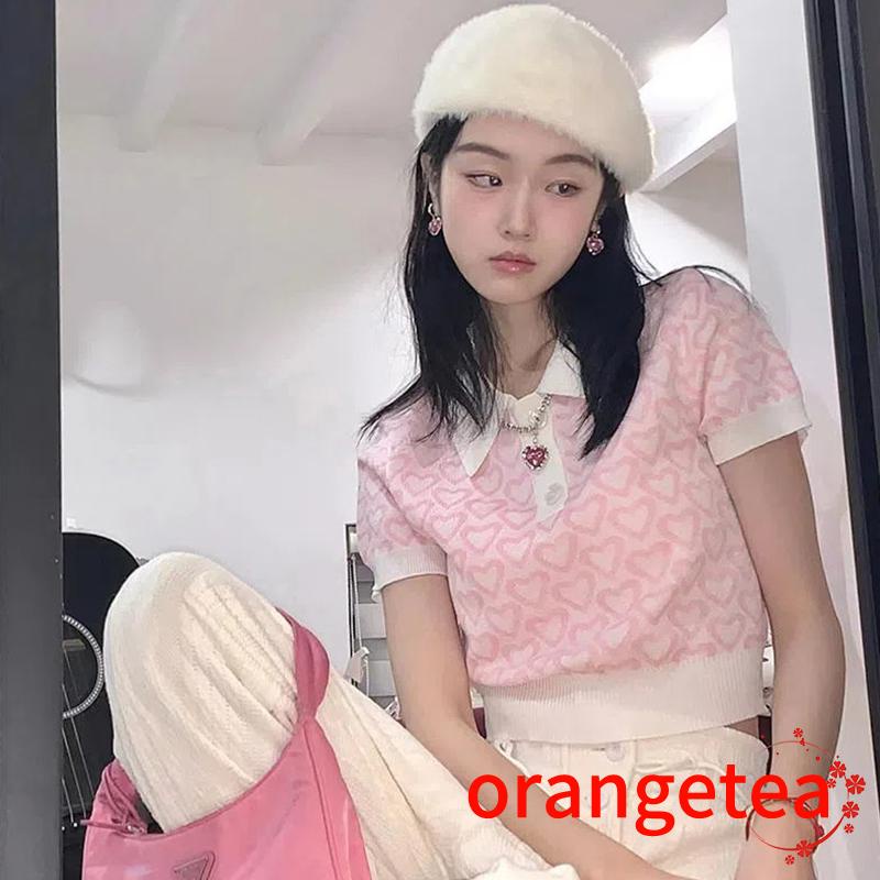 Áo Thun Crop Top Nữ Tay Ngắn In Hình Trái Tim 1 / 3 Nút