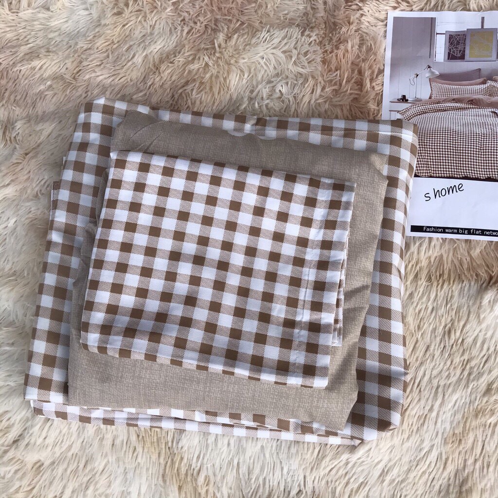 Bộ chăn ga gối , drap giường chất cotton poly họa tiết kẻ Caro be