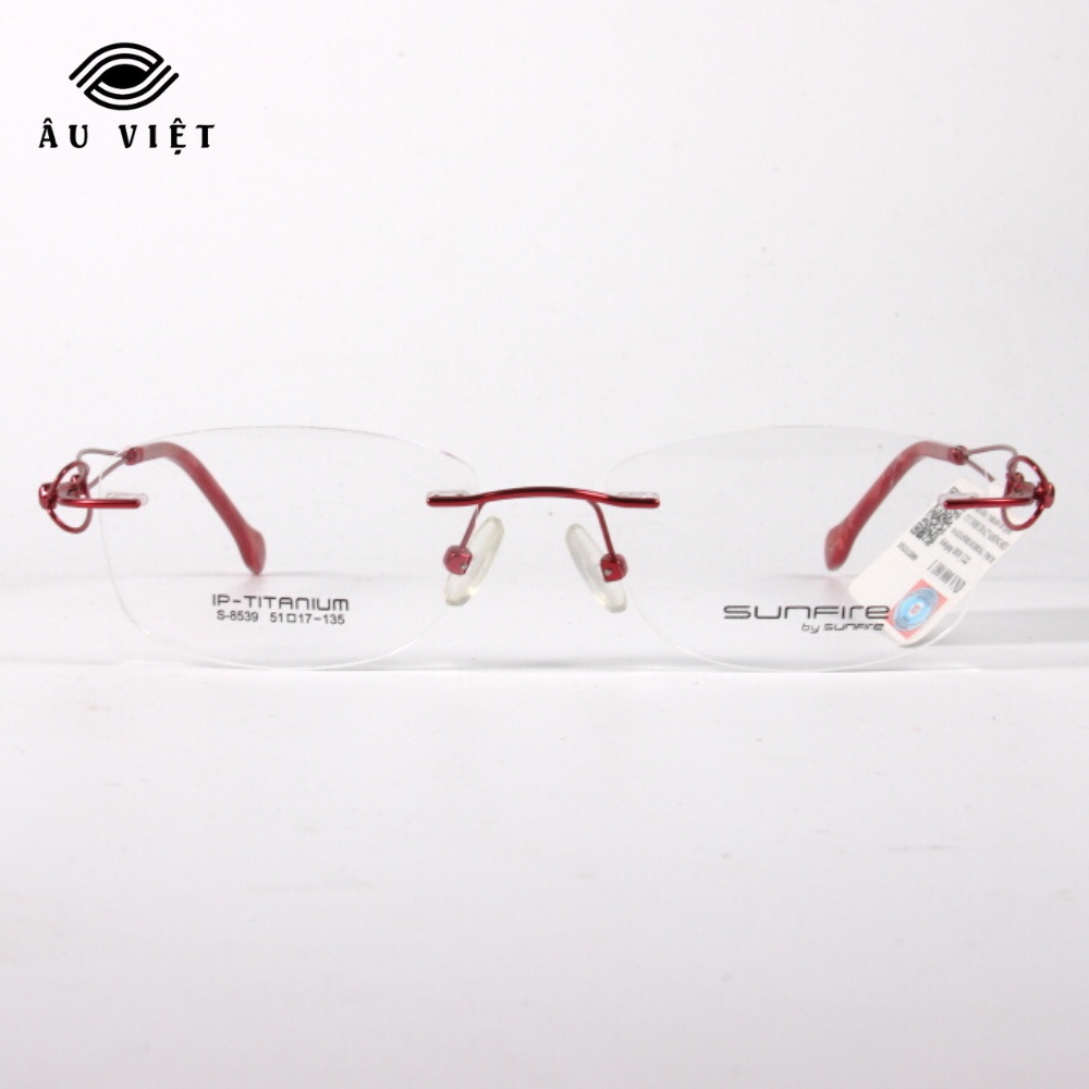 Gọng kính khoan nữ kim loại titanium dáng vuông chữ nhật Sunfire S-8539 màu đỏ vân đá Full box