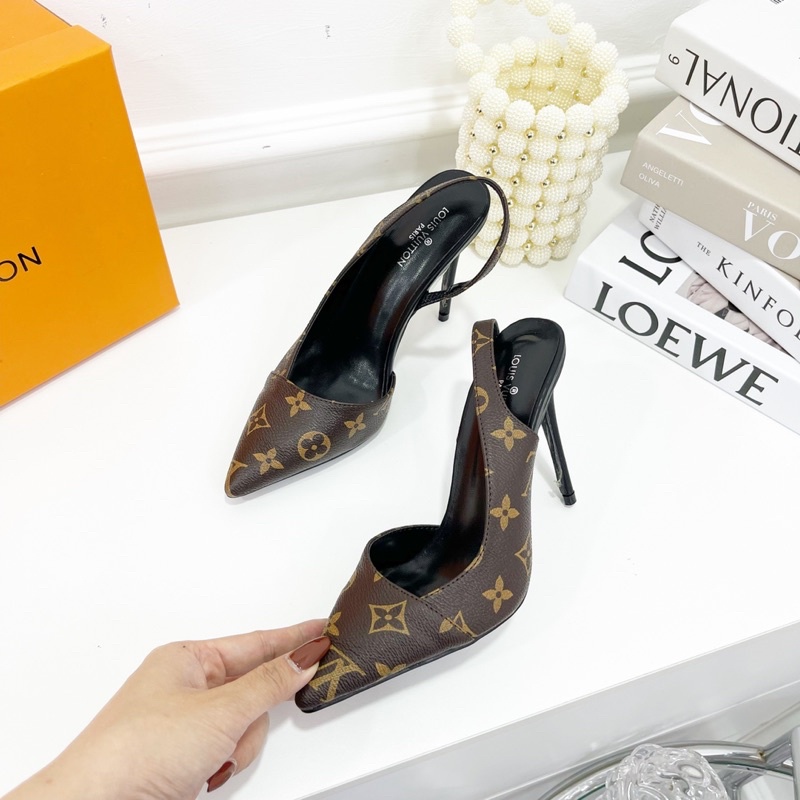 Sandal hoa nâu khoét eo gót nhọn fullbox