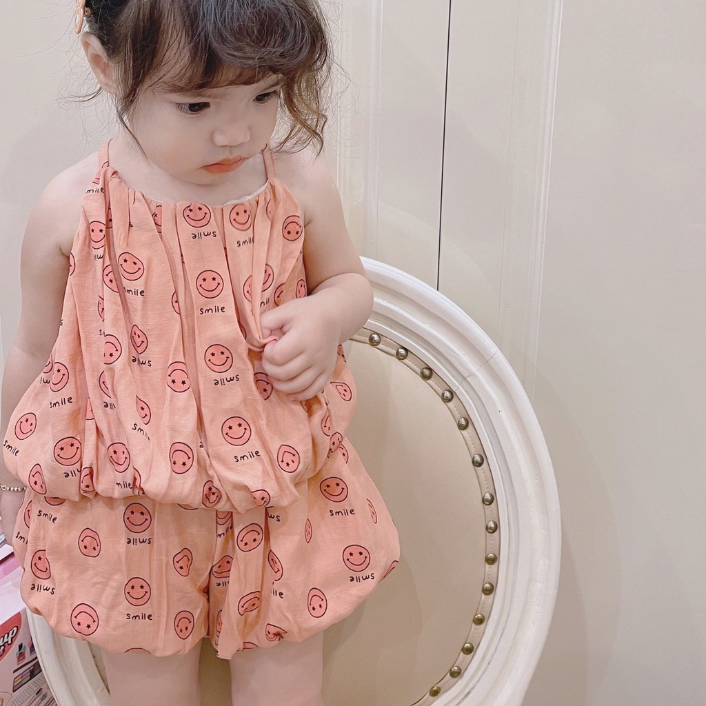 Bộ bé gái 2 dây chát đũi hình mặt cười 3 mầu Hồng, Xanh và Vàng XHN948