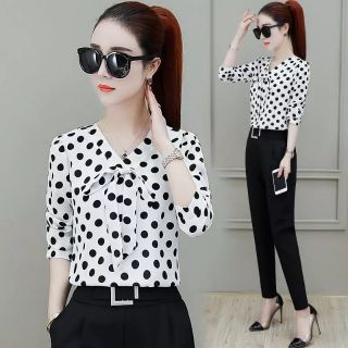 ÁO SƠ MI CÔNG SỞ NỮ CHẤM BI THẮT NƠ CỔ