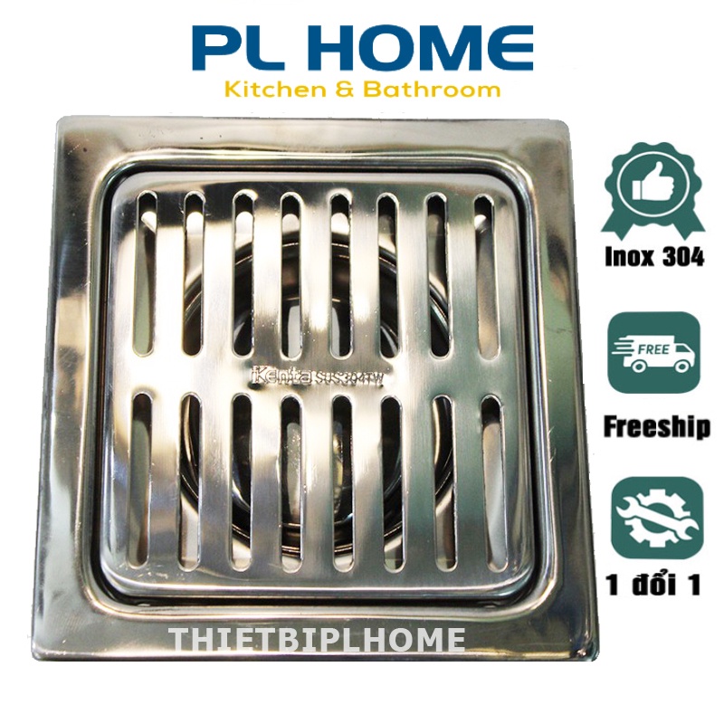 Phễu thoát sàn inox 304 chống hôi Ikenta IKT-15HDND90 - KT 15x15cm Phi 60 hoặc 90 hình sọc lưới