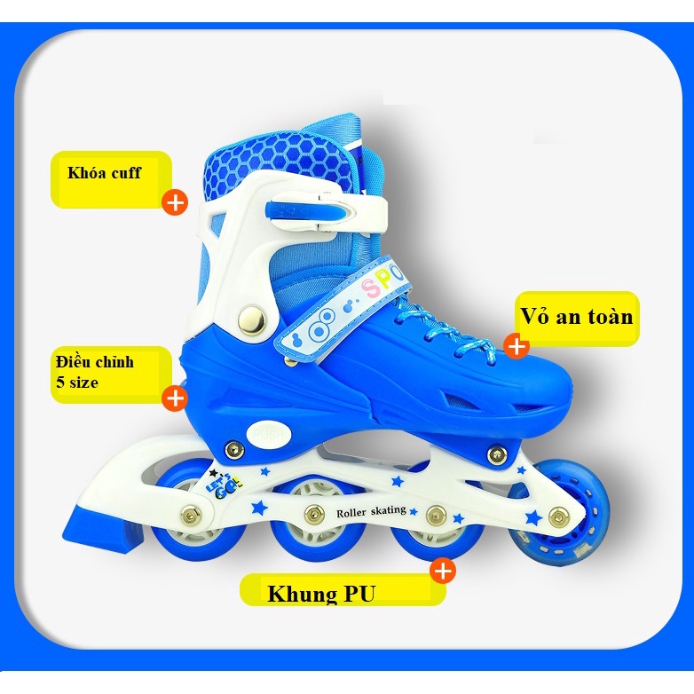 Giày trượt patin trẻ em Sport cao cấp tặng bảo hộ, bánh phát sáng, Giay Patin cho bé trai bé gái điều chỉnh size to nhỏ