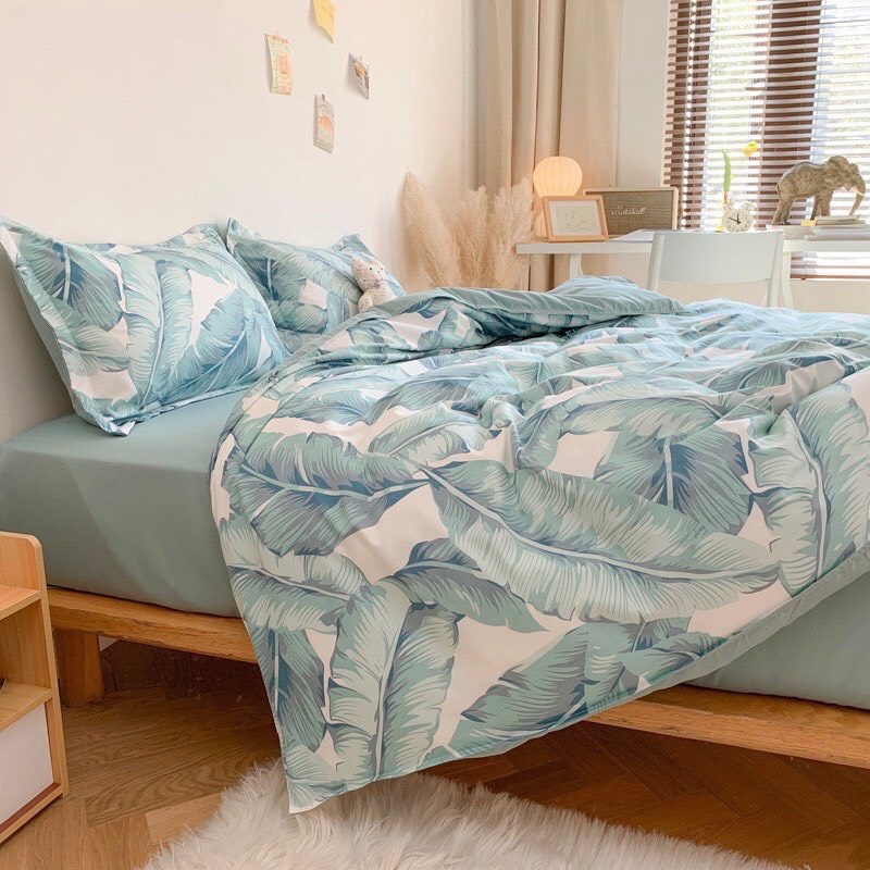 BỘ GA GỐI VỎ CHĂN COTTON POLY NHẬP KHẨU HỌA TIẾT LÁ CHUỐI - ĐỦ KÍCH THƯỚC