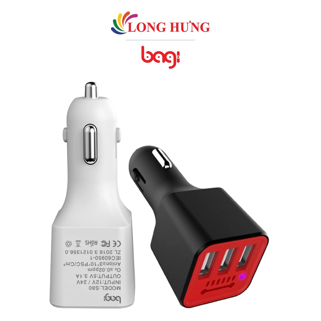 Cốc sạc xe hơi Bagi QC 3.0 3.1A 3USB CC-S80 - Hàng chính hãng