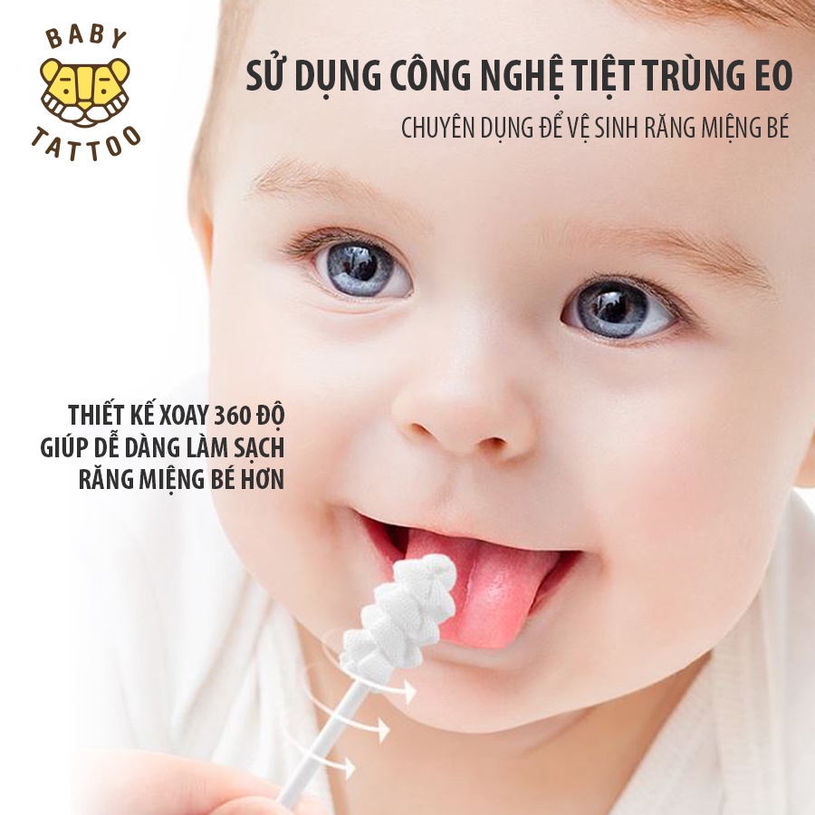 BABY TATTOO Que Rơ Làm Sạch Răng Miệng Đầu Xoắn Ốc Xoay 360 Độ, Chuyên Dụng Cho Bé 0-2 Tuổi