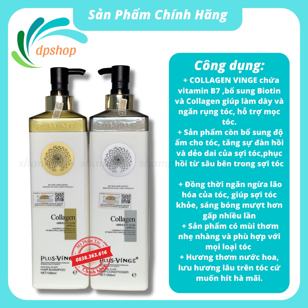 Cặp dầu gội xả Collagen Plus Vinge 1000ML giảm rụng tóc kích mọc tóc phục hồi tóc hư tổn hàng chính hãng