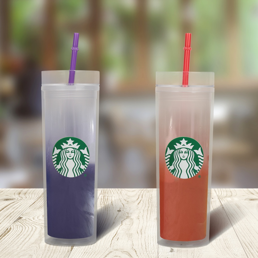 Bình Giữ Nhiệt Cao Cấp Starbucks Đổi Màu Cup Trong Suốt Thẳng Ống Cúp 2 Lớp Ống Hút Cốc Đơn Giản Thời Trang Lạnh Cảm Ứng 473Ml/16Oz Molisa