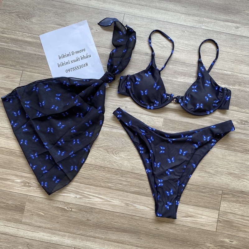 [BKN1166] &lt;ÂU&gt; SET BIKINI 3 MÓN ĐEN HỒ ĐIỆP XANH KÈM KHĂN HÔNG (CÓ GỌNG)