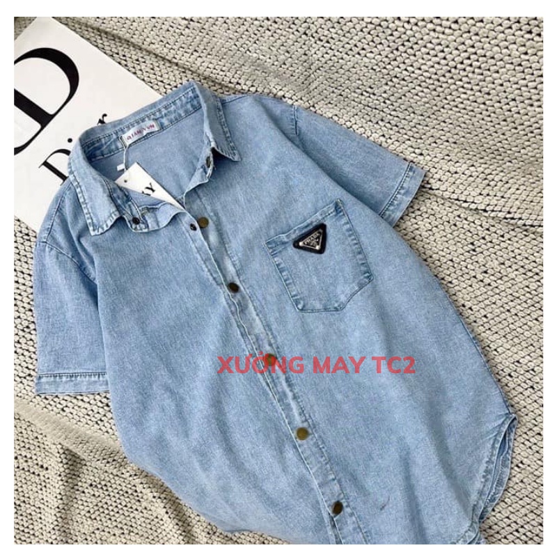 Áo sơ mi jean MẶT LOGO from rộng- áo bò demin ngắn tay phong cách ulzzang hàn quốc XƯỞNGMAYTC2