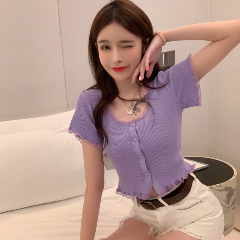 Áo dệt kim SUXI tay ngắn phối ren thời trang phong cách Hàn Quốc