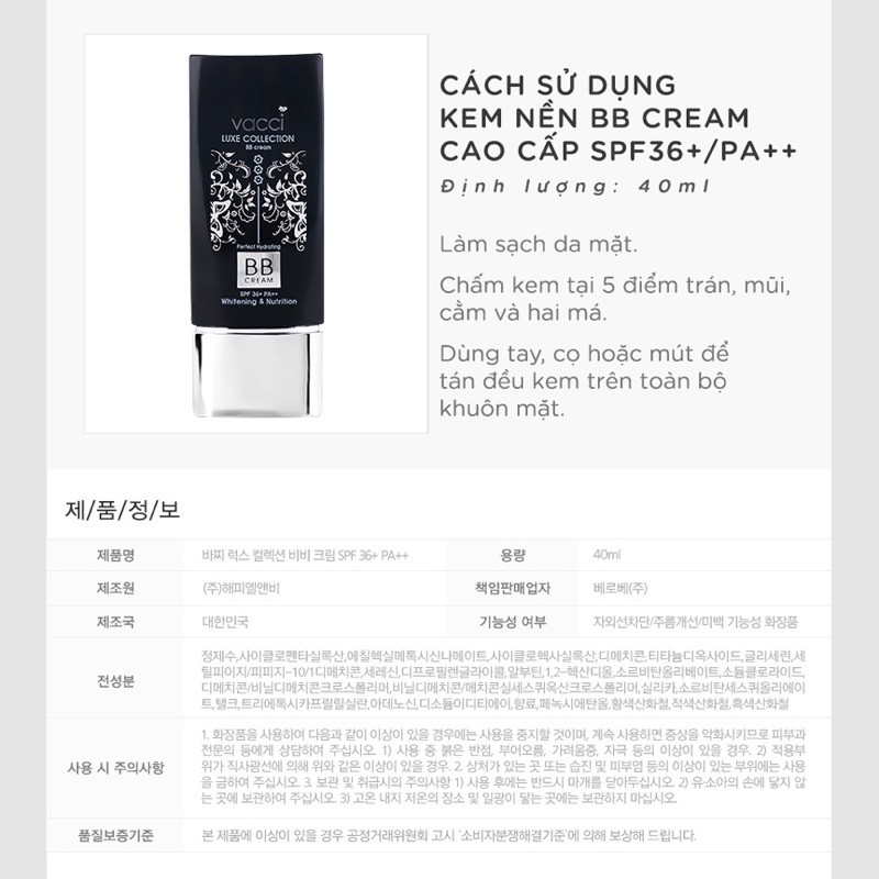 BB VACCI - KEM PHẤN TRANG ĐIỂM CAO CẤP DƯỠNG TRẮNG DA THẾ HỆ MỚI DẠNG TUÝP SPF36+PA++