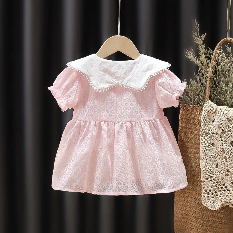 Trẻ em gái ăn mặc phong cách Hàn Quốc thời trang ngọt ngào bông ngắn tay áo đầm với túi 0-4 tuổi