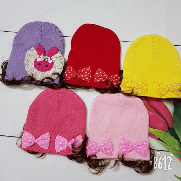 Mũ len mỏng có tóc giả siêu yêu cho bé dưới 12 tháng/ Nón len sơ sinh