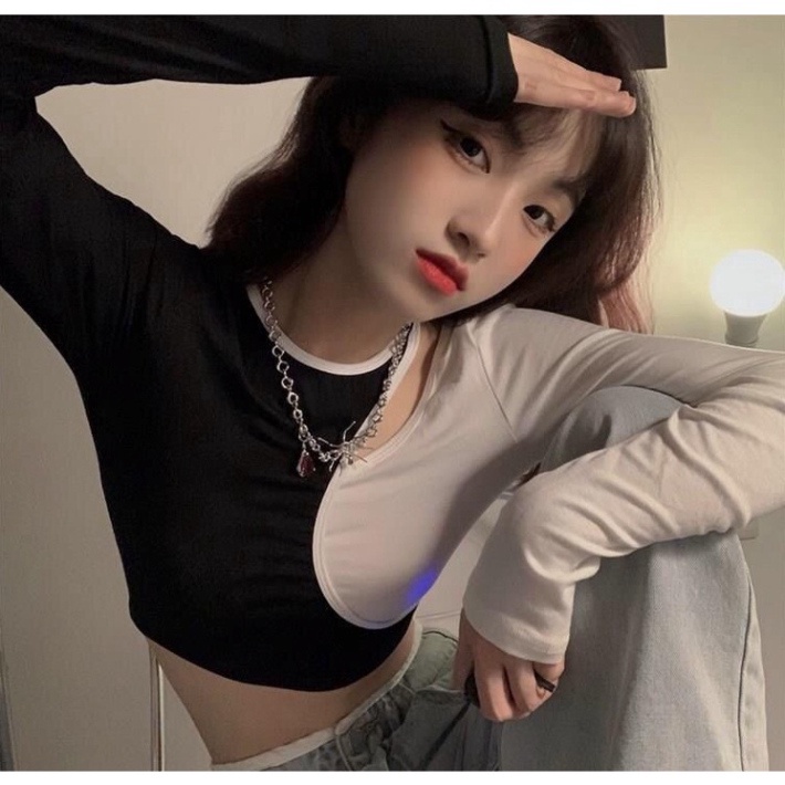 Áo croptop nữ body tay dài KIỂU hở vai cổ vo tròn phối lạ mắt, độc đáo
