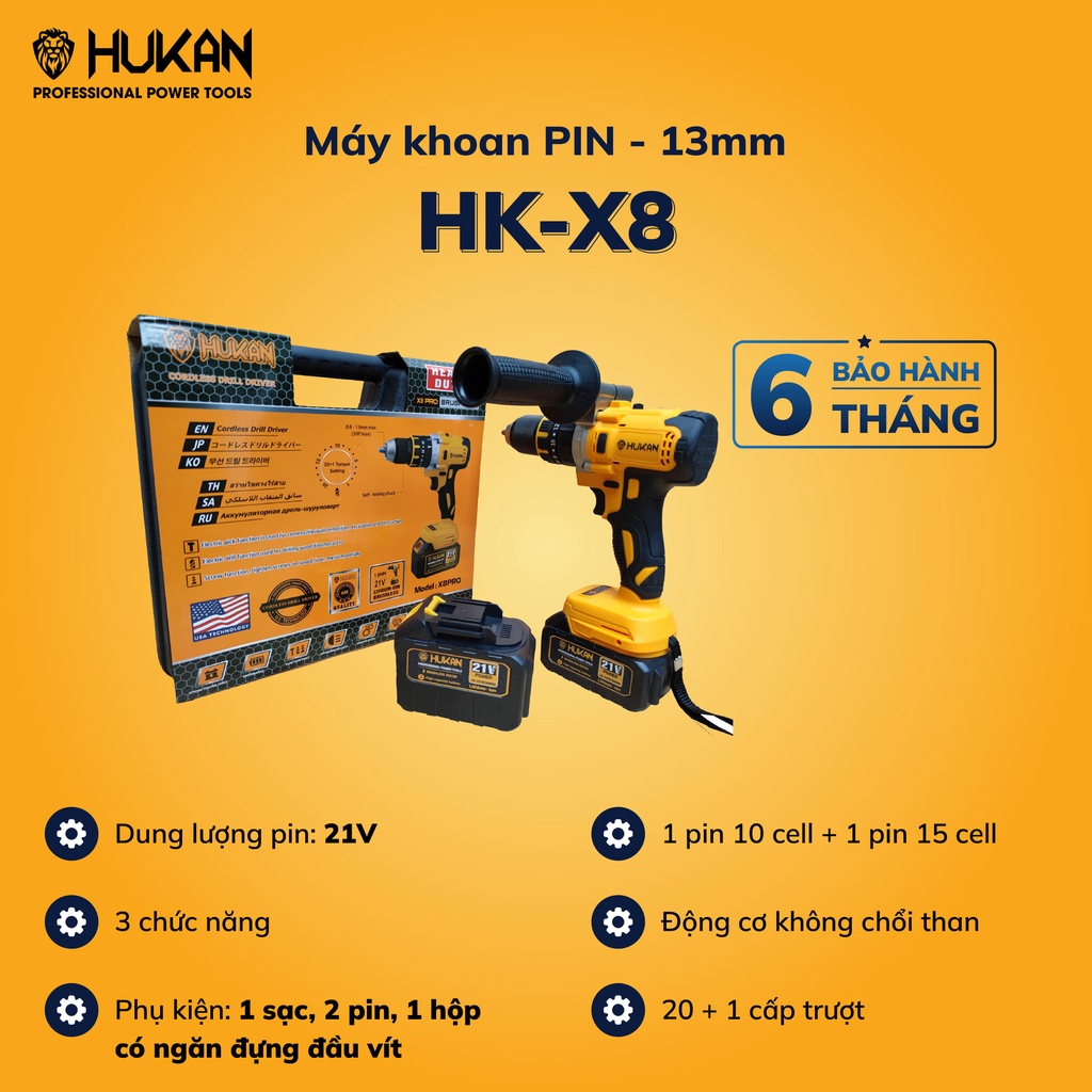 Máy khoan pin HUKAN X8 PRO 21V công suất lớn, động cơ không chổi than