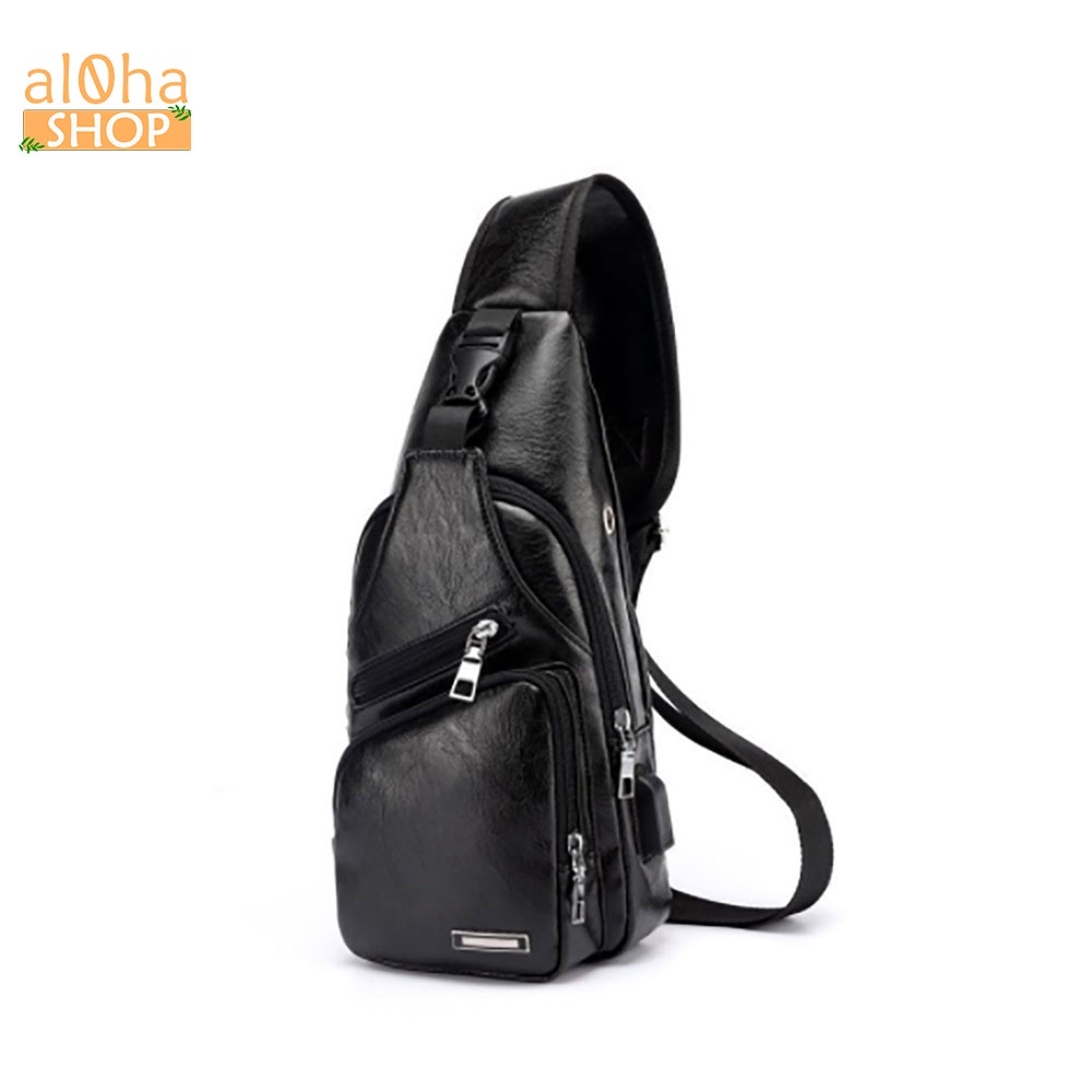 Túi đeo chéo da cao cấp tích hợp dây sạc USB, 4 ngăn unisex nam nữ chống nước thời trang - al0ha Shop